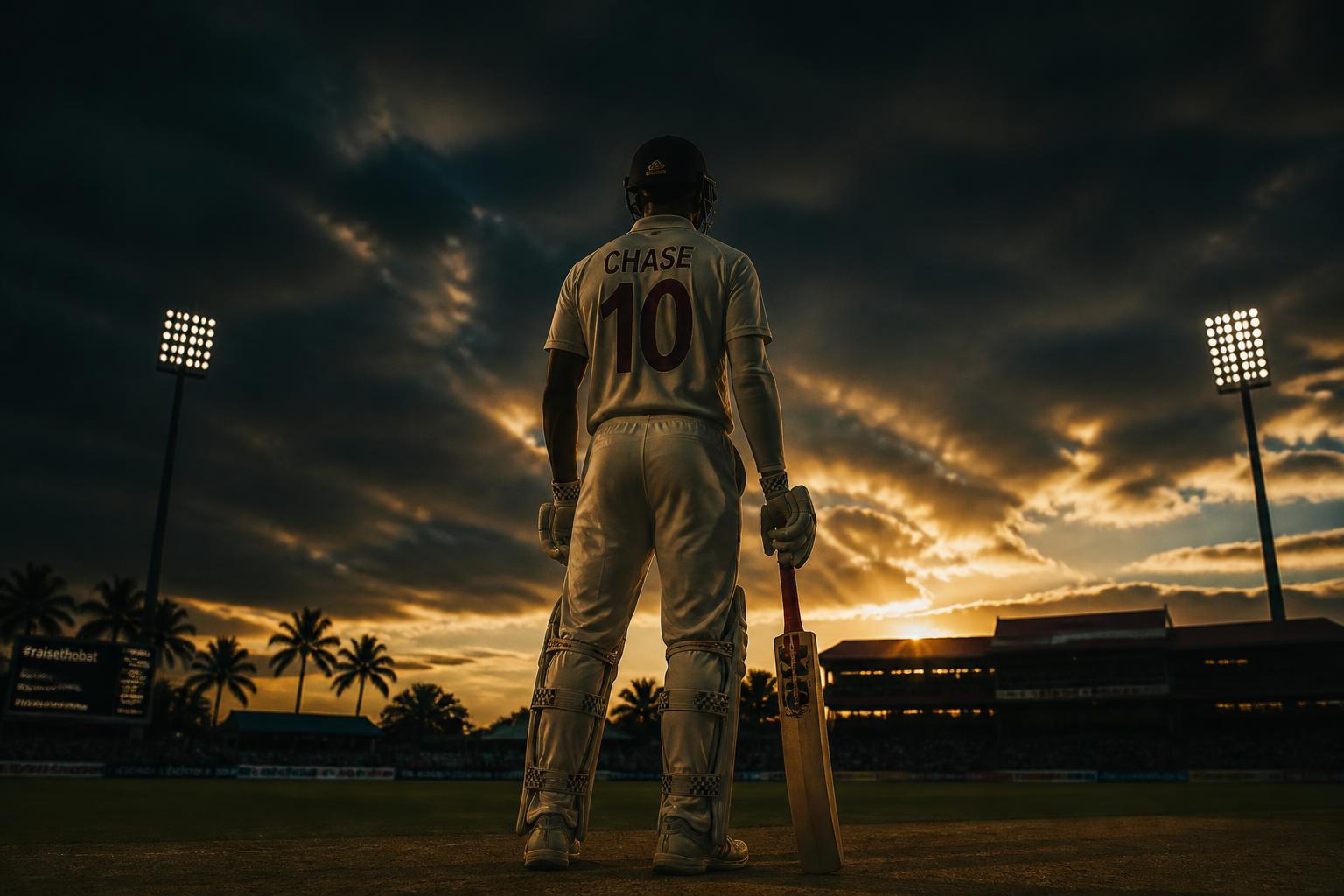 Cricketer at sunset in a Caribbean stadium